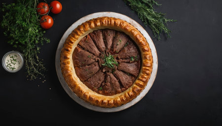 Baked Ossetian pie with beef meat and herbs. Black background. Top view. Copy space.の素材