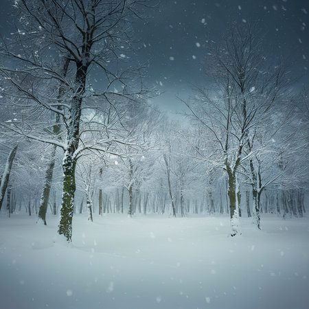 Dramatic winter minimalistic northern background with trees plastered with snow against a dark snowy skyの素材