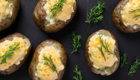 Baked Jacket potatoes with cheese, herbs and butter. Black background. Top view.の素材