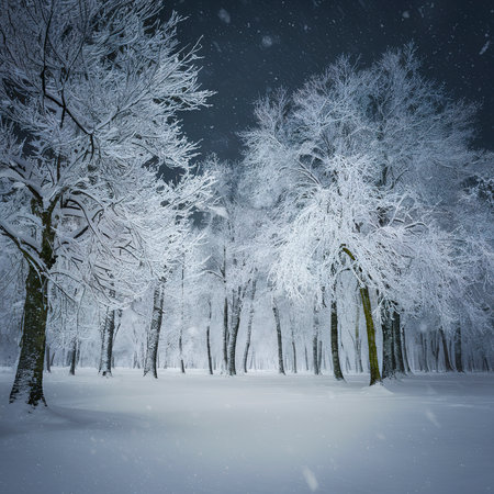 Dramatic winter minimalistic northern background with trees plastered with snow against a dark snowy skyの素材