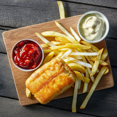 Fish finger and french fries or chips with tomato ketchup and mayonnaise sauce on wooden cutting boardの素材