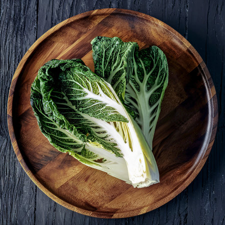 Fresh Brussel cabbage on a wooden plate. On a rustic dark backgroundの素材