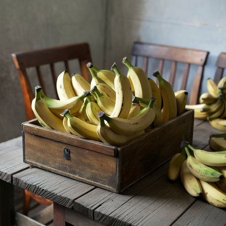Fresh bananas in an old box. On a wooden table.の素材