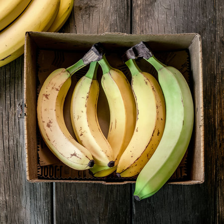 Fresh bananas in an old box. On a wooden table.の素材