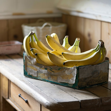 Fresh bananas in an old box. On a wooden table.の素材