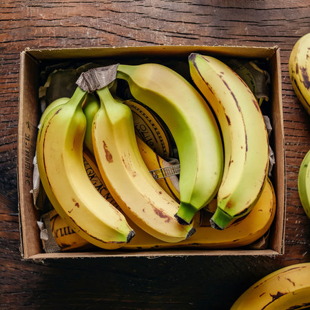 Fresh bananas in an old box. On a wooden table.の素材