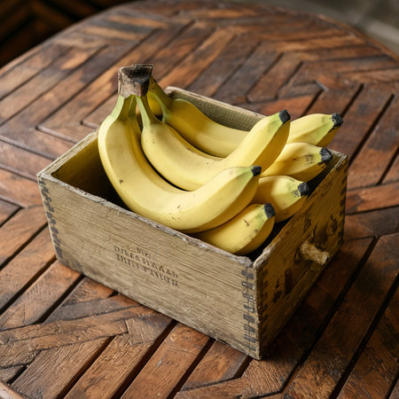 Fresh bananas in an old box. On a wooden table.の素材