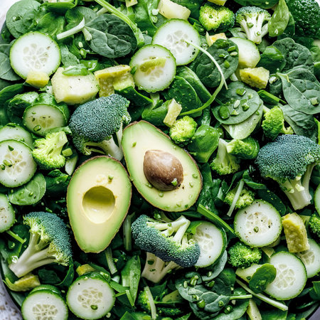 Fresh Green Salad of Avocado, Broccoli, Spinach and Cucumber for Body Detoxification. Vegan Saladの素材