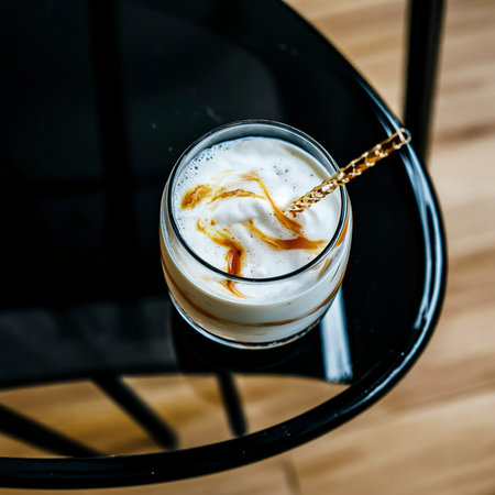 Fresh homemade milk on the table in a glass. On a black backgroundの素材