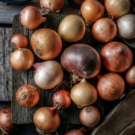 Fresh onions. On rustic background.の素材