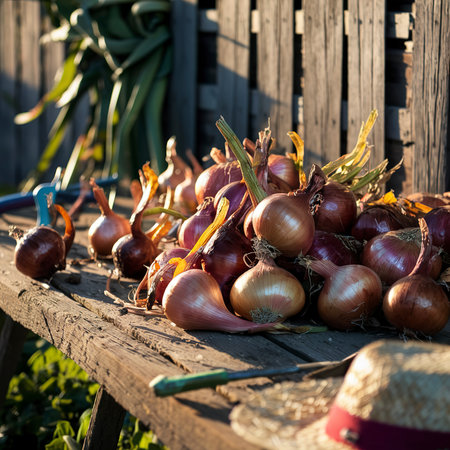 Fresh onions. On rustic background.の素材