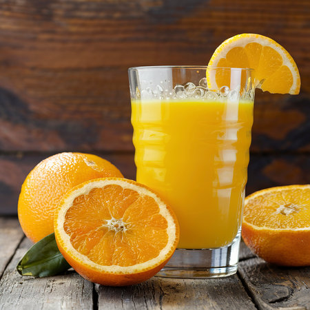 Fresh orange juice for drink in glass on wooden table - Healthy food conceptの素材