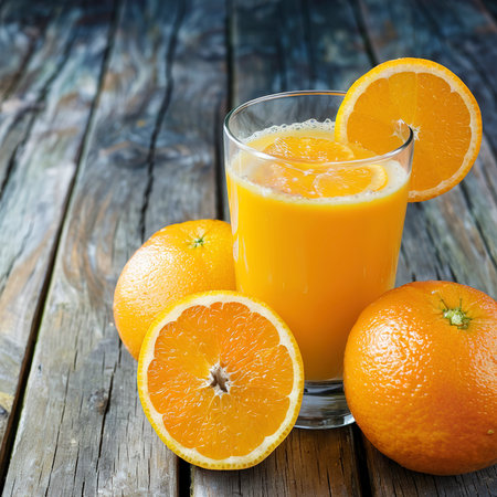 Fresh orange juice for drink in glass on wooden table - Healthy food conceptの素材