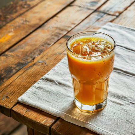 Fresh orange juice for drink in glass on wooden table - Healthy food conceptの素材