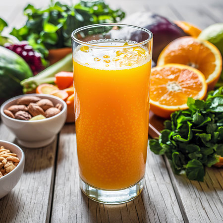 Fresh orange juice for drink in glass on wooden table - Healthy food conceptの素材