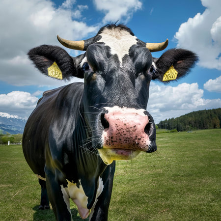 Funny black cow looks at the camera. Cow in a fresh green pasture in summer.の素材