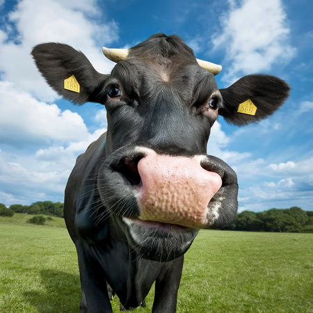 Funny black cow looks at the camera. Cow in a fresh green pasture in summer.の素材