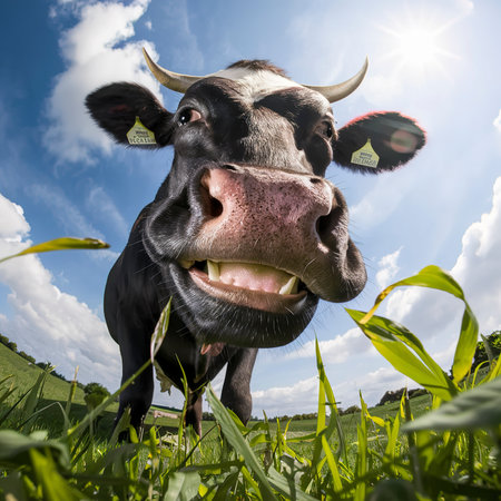 Funny black cow looks at the camera. Cow in a fresh green pasture in summer.の素材