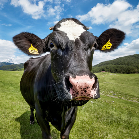 Funny black cow looks at the camera. Cow in a fresh green pasture in summer.の素材