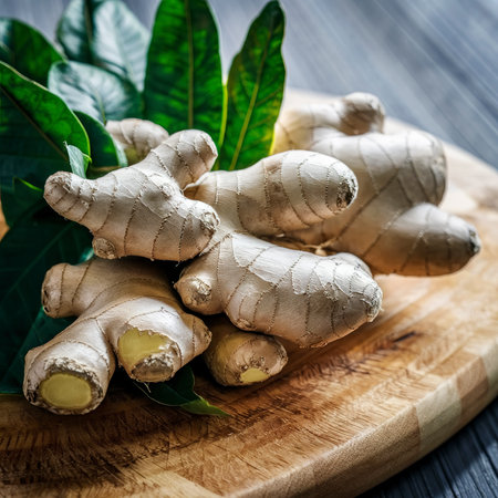 Ginger with leaves on the cutting Board. On wooden backgroundの素材