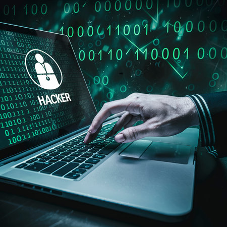 Hacker hand pressing keyboard laptop with icon hacker and green binary numeral background on displayの素材