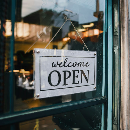 Hanging sign with message Welcome OPEN on glass door at coffee shopの素材