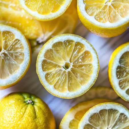 Halves and whole fresh lemons. Macro background. Lemon textureの素材
