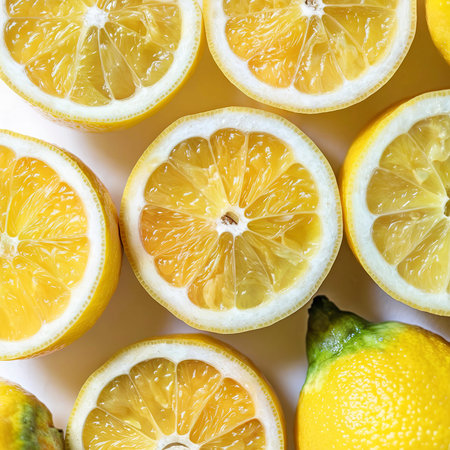 Halves and whole fresh lemons. Macro background. Lemon textureの素材