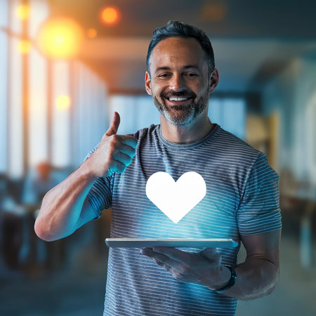 happy enjoying feeling concept, man holding tablet with virtual heart shape thumb up for feedback satisfactionの素材