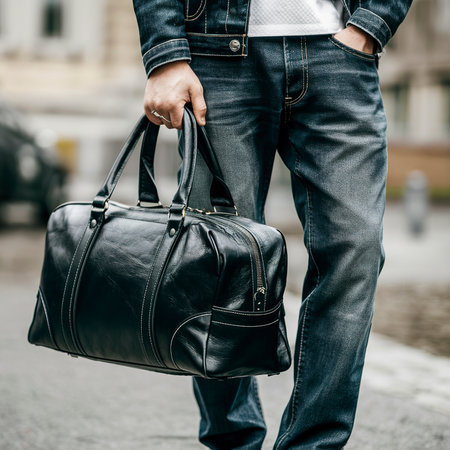 Man wearing jeans holding black leather bag isolated on white backgroundの素材