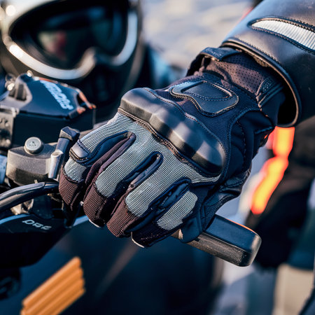 Protective moto gloves, safety gear close-up on brake handleの素材