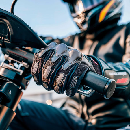 Protective moto gloves, safety gear close-up on brake handleの素材