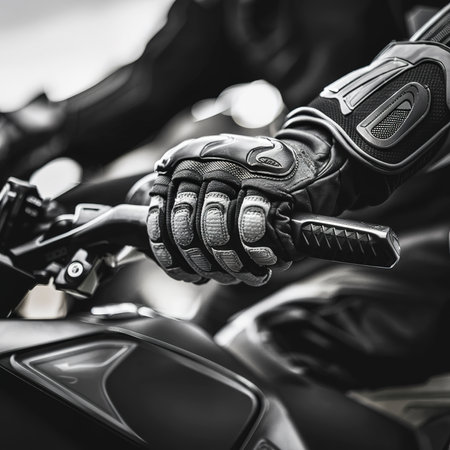 Protective moto gloves, safety gear close-up on brake handleの素材