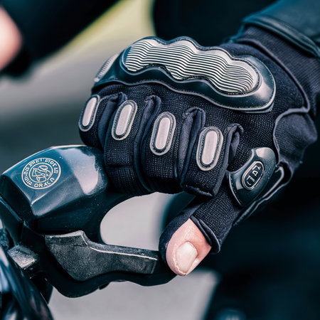 Protective moto gloves, safety gear close-up on brake handleの素材