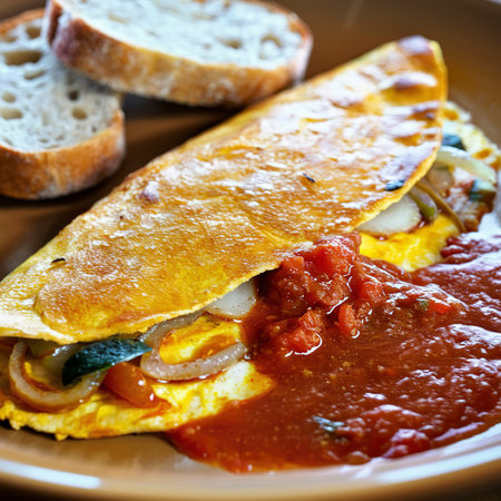 Spanich omelet with bread and tomato sauce for breakfastの素材