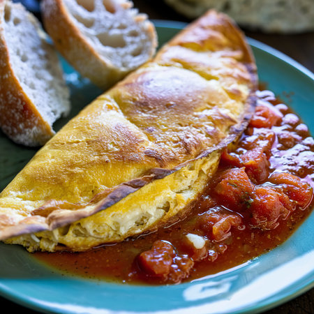 Spanich omelet with bread and tomato sauce for breakfastの素材