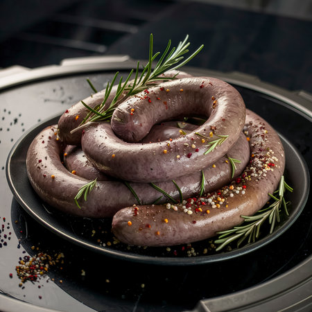 Sausages with spices and rosemary on the table. On a black backgroundの素材