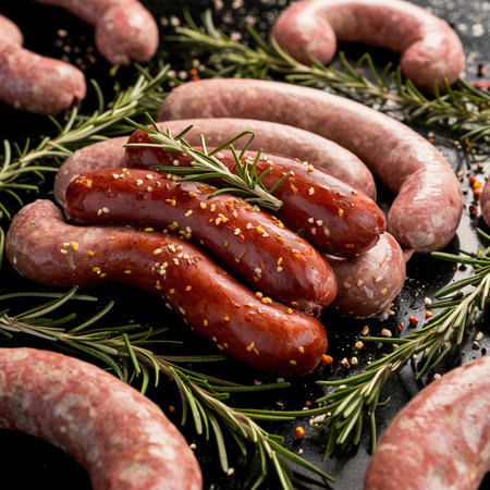 Sausages with spices and rosemary on the table. On a black backgroundの素材