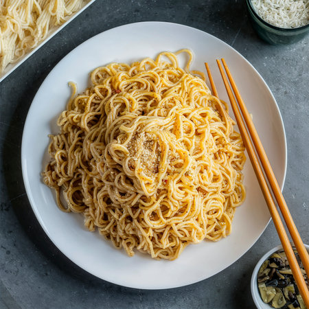 Uncooked Instant Noodles on White Plate. Raw Pasta. Dry Asian Fast Food. Quick Lunchの素材