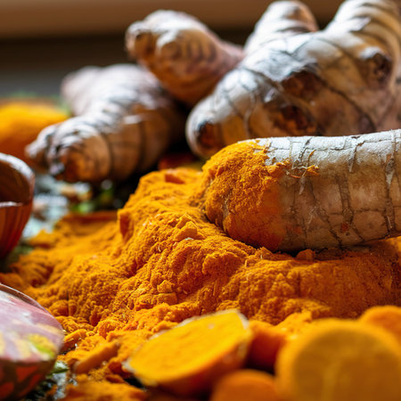 Turmeric root grated. Ingredients of ayurvedic treatment. A remedy for viruses and many diseases.の素材