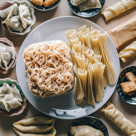 Uncooked Instant Noodles on White Plate. Raw Pasta. Dry Asian Fast Food. Quick Lunchの素材