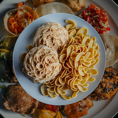 Uncooked Instant Noodles on White Plate. Raw Pasta. Dry Asian Fast Food. Quick Lunchの素材