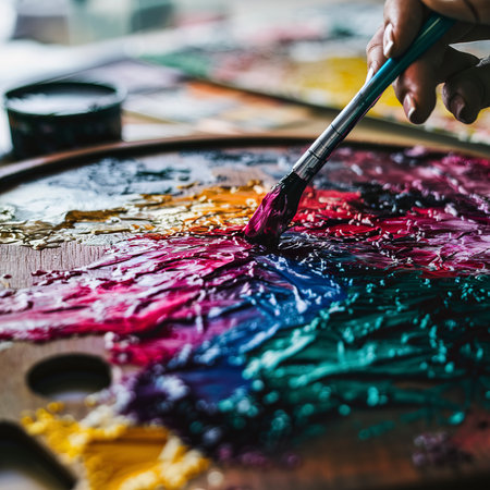 Close up photo of mixing oil paints on paletteの素材