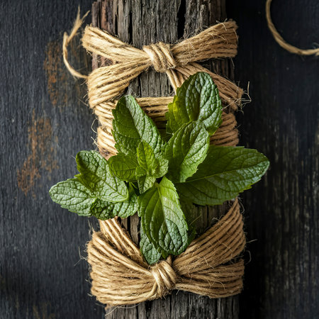 Fresh mint with old twine. On dark rustic backgroundの素材