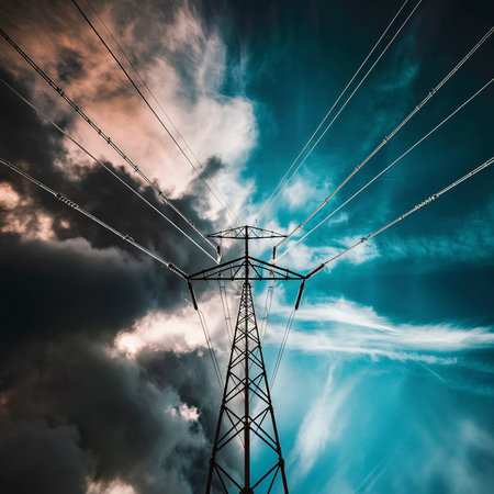 Mast electrical power line against cloud and blue skyの素材