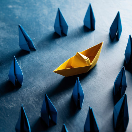 Set of origami boats. One Yellow paper boat leading among Blue ships on blue backgroundの素材