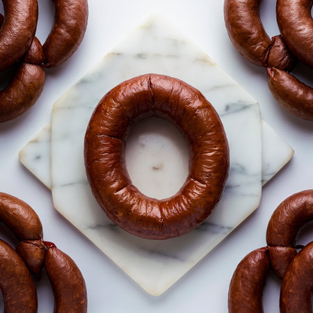 Smoked sausage on a marble board. Isolated, white backgroundの素材