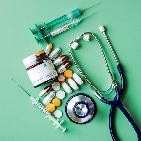 Stethoscope, medical pills and syringes on green background with copy spaceの素材