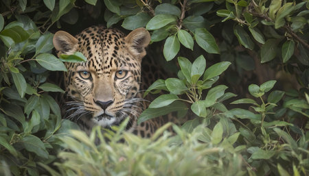 A leopard hiding behind a bushの素材