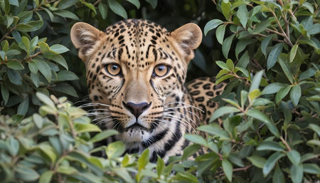A leopard hiding behind a bushの素材